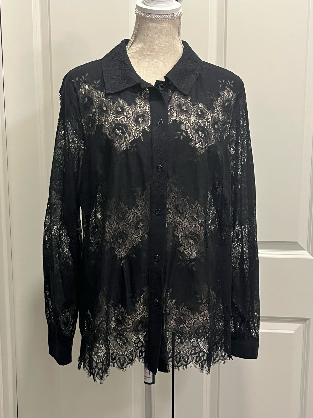 CAbi St. Regis Women’s Black Lace Button Up Top Size Large Sheer Quiet Luxury